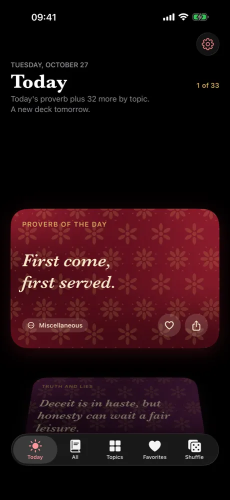 The Today screen with the Proverb of the Day