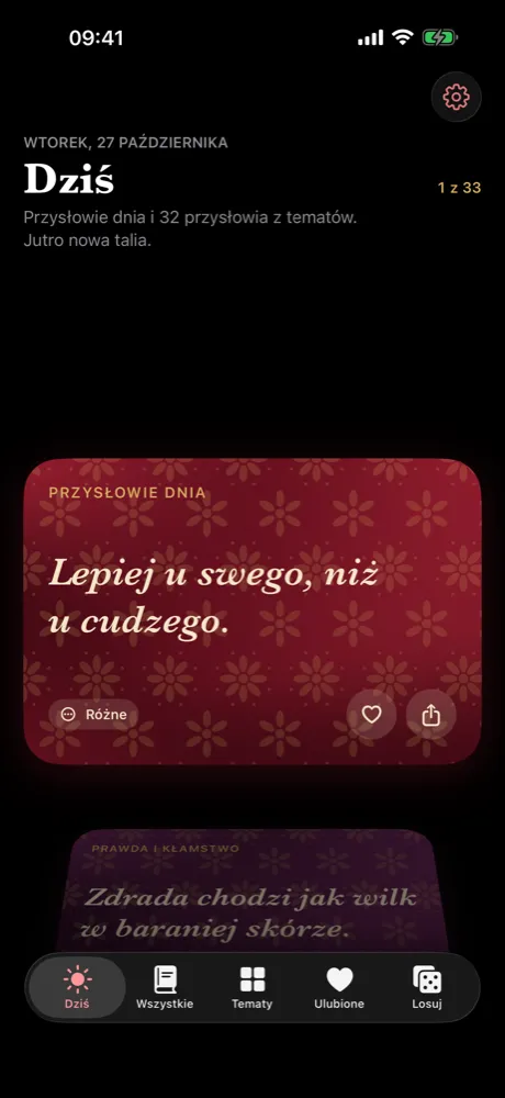 Ekran „Dziś” z przysłowiem dnia